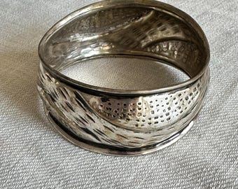 Vintage Artisan Brutalist Cuff Bracelet | Silver-Plated Brass Sculptural Statement Jewelry | Non-Adjustable