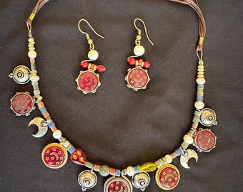 90s Sterling Silver Necklace & Earrings Set: Pearl, Coral, Lapis, Leather Chain