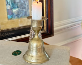 Vintage Brass Bell Candle Holder: Etched Floral Design, 4" Taper Candlestick