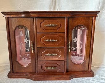 Vintage Wooden Jewelry Armoire, Etched Glass Doors, Mirrored Interior, Organizer Cabinet
