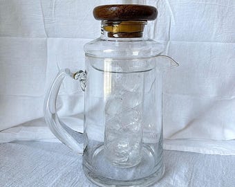 Vintage Winsome Glass Cooling Pitcher, Genuine Teak Lid, MCM Beverage Server