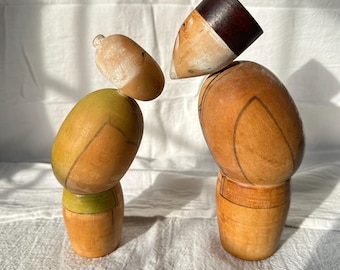 Vintage Japanese Kokeshi Doll Couple | Elderly Man & Woman Wooden Dolls | Set of 2