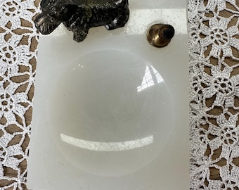 Vintage Onyx Desk Tray | Scottish Terrier Dog, Brass Pen Holder