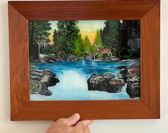 Vintage Verre Églomisé Painting: Forest River Scene with Deer, Signed Ken Jones, Teakwood Frame