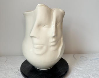 Signed Lund "Two Faces" Porcelain Vase | Blue Sky Clayworks Matte Cream White Art Decor