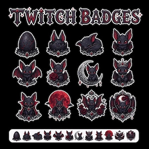 Può includere: Una collezione di dodici badge digitali Twitch raffiguranti pipistrelli neri con accenti rossi, inclusi pipistrelli con rose, corone, mantelli e lune. Il testo TWITCH BADGES è visualizzato in alto con un carattere gotico. Una striscia mostra le icone.
