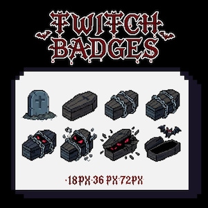 May include: Pixel art Twitch Badges featuring a tombstone, coffins, and a bat. The coffins are shown with chains, glowing red eyes, and open. The text "Twitch Badges" is in a gothic font, with the pixel sizes 18px, 36px, and 72px.