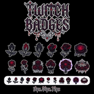 May include: Pixel art Twitch badges showcasing dark red and black roses in different forms, including bouquets and individual blooms. The words "Twitch Badges" are at the top. Badge sizes are indicated at the bottom: 18px, 36px, and 72px.
