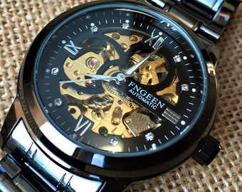 Personalized Engraved wrist watch - black and brass color