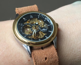 Engraved Skeleton Wrist Watch - Bkack Dial Roman Numerals and Brown Leather Band - Personalised Gift Box