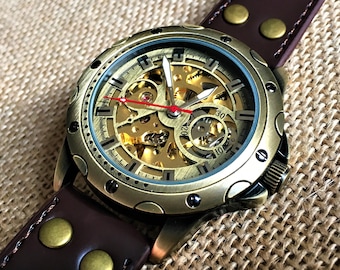 Leather watch strap, skeleton watch, anniversary gifts, leather watch, watches for men, fashion watch, watches for women, luxury watch, sale