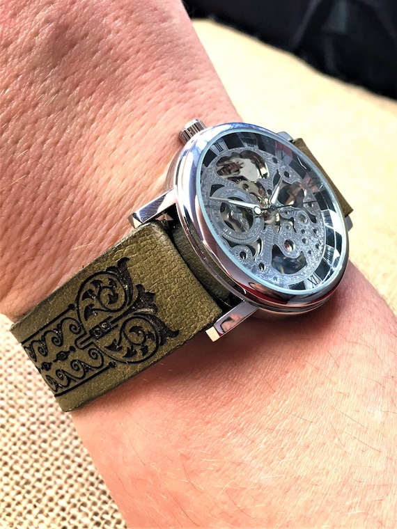 Leather watch band, leather watch strap, art nouve