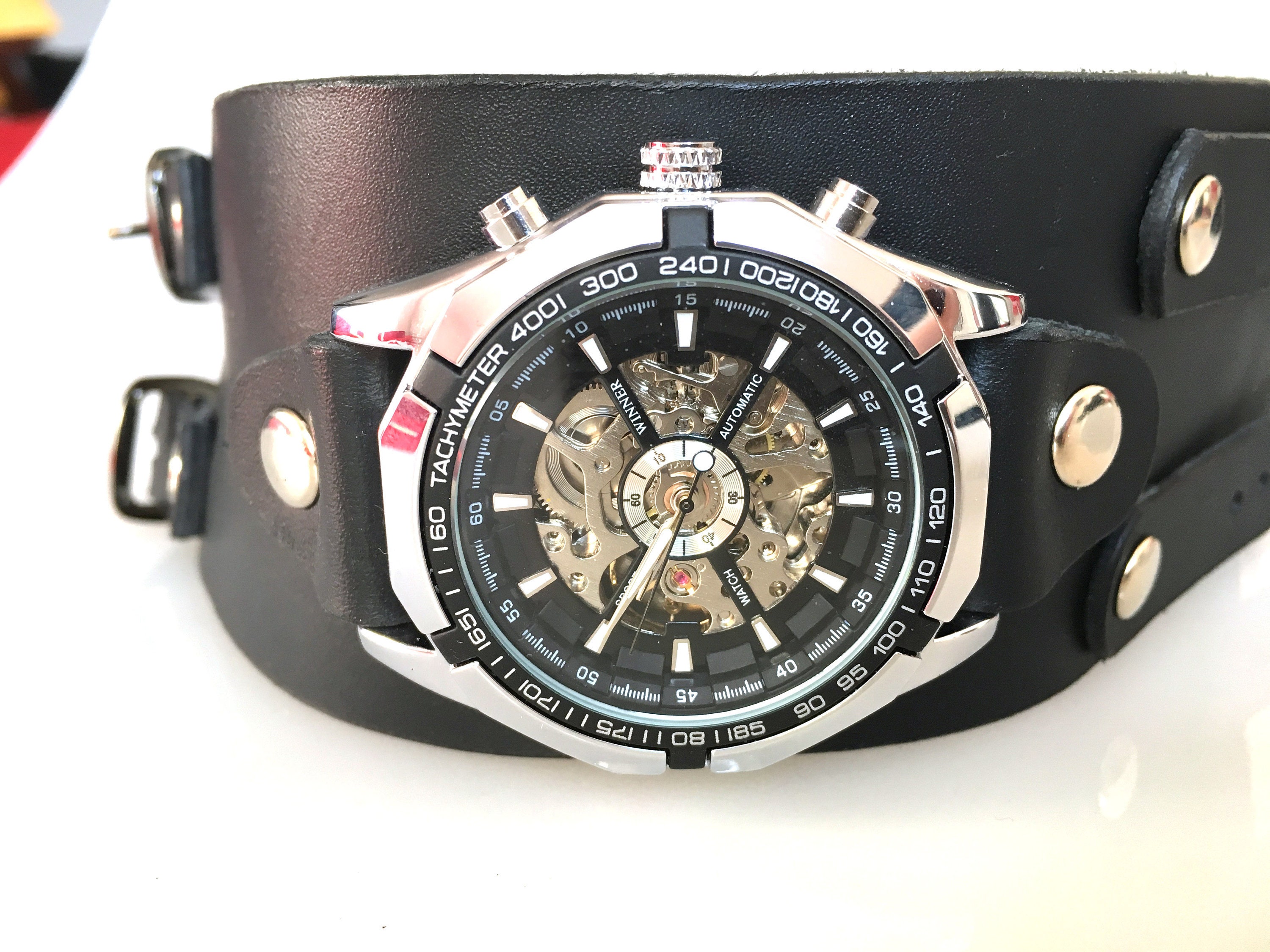 Personalized watch for men with wide black leather band Etsy