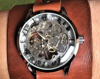 Personalized watch, skeleton watch, watches for women, watches for men, groomsmen gift, groomsmen watch, mens skeleton watch, leather watch