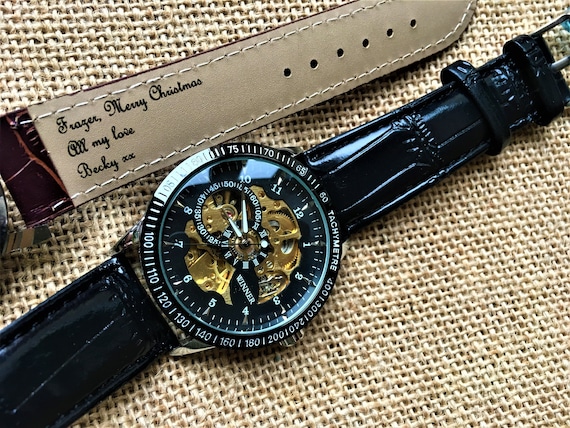 Engraved watch, Personalized watch, Skeleton watch