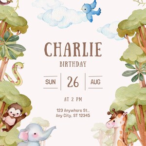 Watercolor Children Jungle Illustration Birthday Invitation