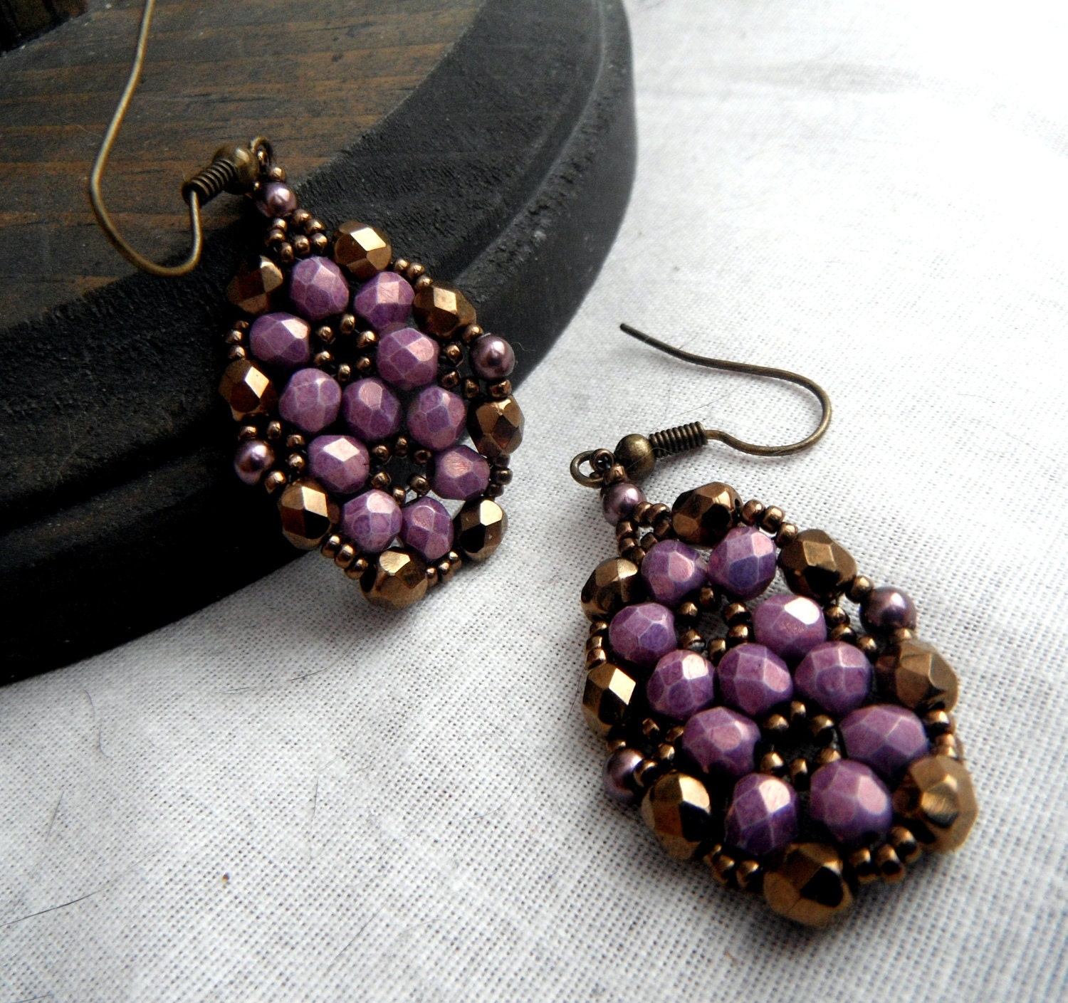 Beaded Earrings Framed Flower Purple and Bronze | Etsy