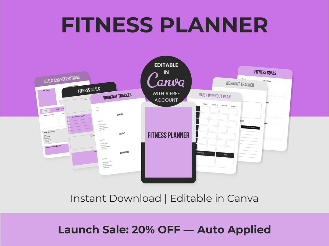 Editable Fitness Planner Canva Template | Workout Tracker, Meal Log ...