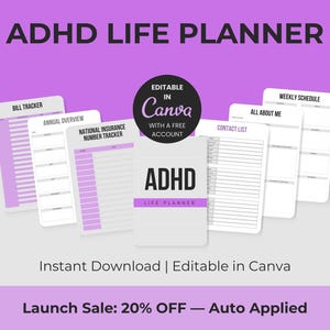 Puede incluir: Un planificador de vida digital para el TDAH, con un diseño morado y blanco. El planificador incluye secciones para el seguimiento de facturas, una visión general anual, listas de contactos y horarios semanales. El texto "ADHD Life Planner" se muestra de forma destacada.