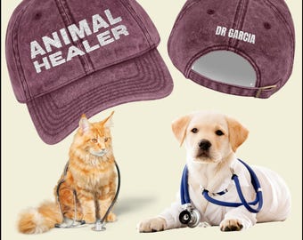 Custom Veterinarian Gift for Her, Vintage Embroidered Cap, Animal Healer Hat, Vet Gift, Cat, Dog, Animal Lover Cap, Adjustable Baseball Cap