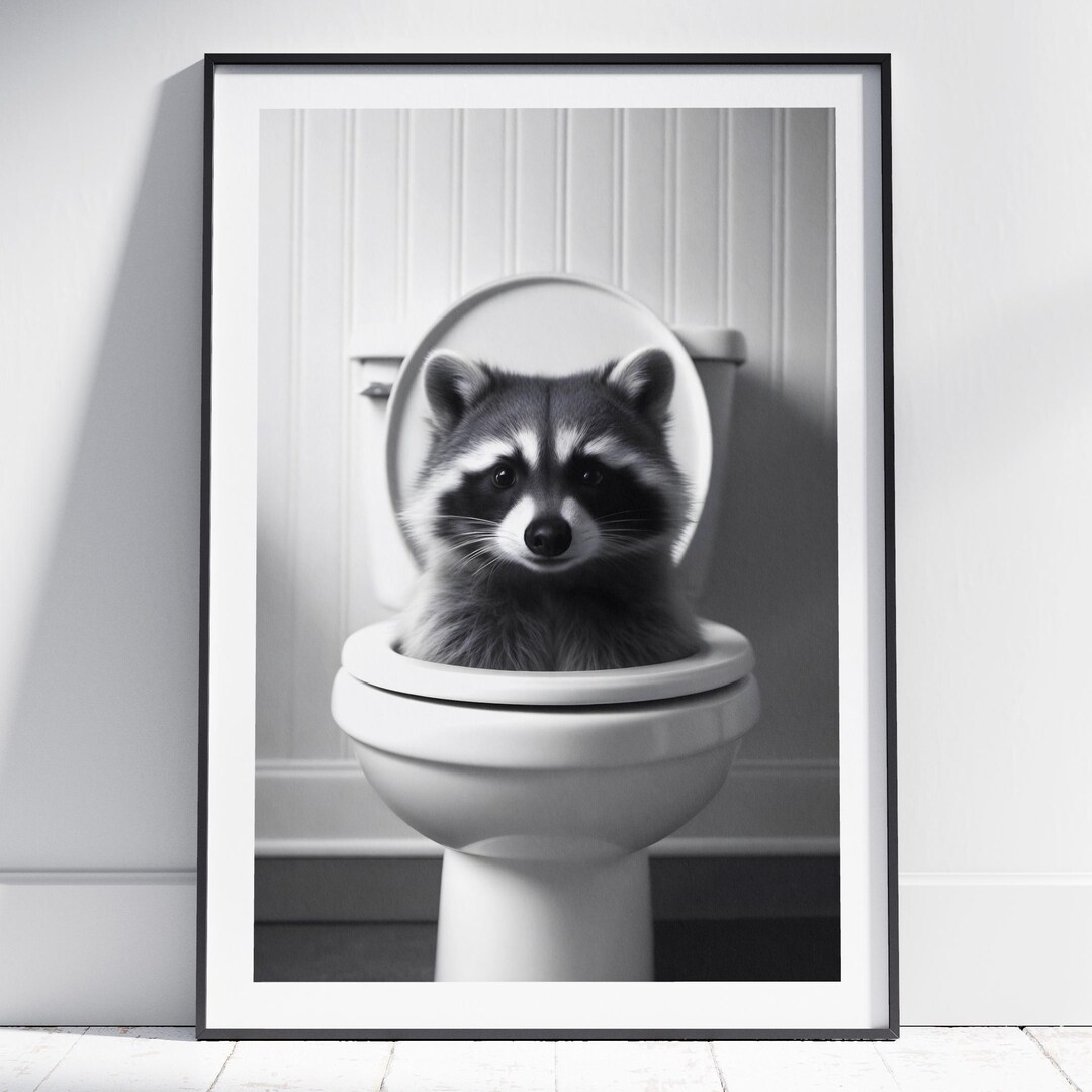 Raccoon in Toilet Print | Funny Bathroom Wall Art | Mischievous Animal ...