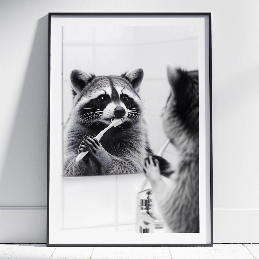 Raccoon Brushing Teeth Print | Funny Bathroom Wall Art | Black and ...
