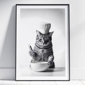 Chef Cat Print | Funny Kitchen Wall Art | Black and White | Cat Cooking Poster | Gift for Cook | Minimalist Kitchen | Decor Digital Download