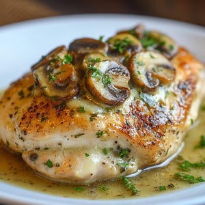 May include: A close-up shot of a cooked chicken breast topped with sliced mushrooms and fresh parsley. The chicken is golden brown and sits in a creamy sauce on a white plate. A delicious meal.