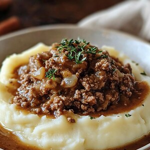 Peut inclure: Une portion de purée de pommes de terre recouverte d'une riche sauce brune et de viande hachée. Des herbes fraîches garnissent le plat, servi dans un bol en céramique peu profond et moucheté. Un repas chaud et réconfortant.