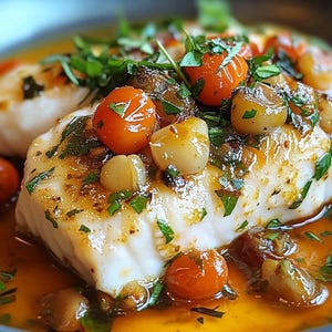 May include: A close-up shot of a plated dish featuring a white fish fillet, topped with cherry tomatoes, small white onions, and fresh green herbs. The fish sits in a vibrant orange sauce, presented in a dark gray bowl, showcasing a gourmet meal.