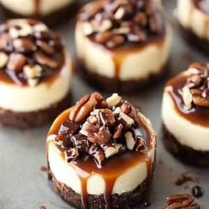 以下が含まれることがあります： クルミ、チョコレート、キャラメルソースをトッピングしたミニチーズケーキのクローズアップ。チーズケーキは灰色の表面の上にあります。