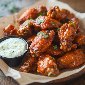 May include: A close-up shot of a plate of chicken wings coated in a glossy, orange-red sauce, garnished with fresh green herbs. A small black bowl of creamy, white dipping sauce sits beside the wings. The wings are arranged on a brown paper.