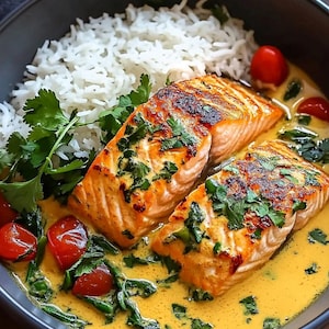 Könnte beinhalten: Eine Schüssel mit Lachs in einer cremigen Sauce mit Reis, Spinat und Kirschtomaten.