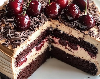 May include: A chocolate cake with a slice removed, topped with chocolate shavings and fresh cherries.