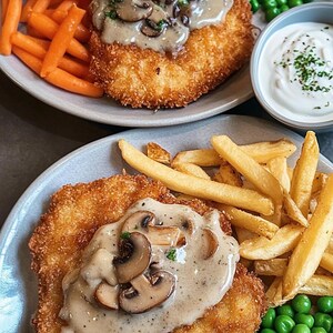 May include: Two plates of food featuring breaded cutlets topped with mushroom gravy. One plate has carrots and the other has french fries. Green peas and a small bowl of white sauce are also visible.