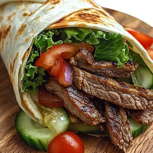 Peut inclure: Gros plan d'un wrap garni de steak grillé, de laitue fraîche, de tomates tranchées, d'oignons rouges et de concombre. Le wrap est sur une planche de bois. La tortilla est légèrement dorée et enveloppe les ingrédients.