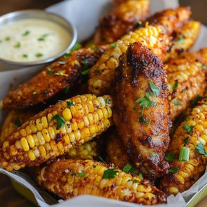 May include: A close-up shot of a serving of grilled corn on the cob and chicken wings. The corn is yellow and charred, and the wings are coated in a dark, savory seasoning. A small bowl of creamy white sauce is in the upper left corner.