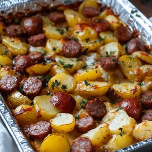 May include: A close-up of a casserole dish filled with a mixture of sliced potatoes and sausage links. The dish is made of aluminum foil and has a silver color. The potatoes are golden brown and the sausage links are cooked and browned.