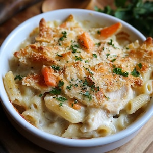 Könnte beinhalten: Nahaufnahme einer Auflaufform mit gebackenen Nudeln in einer weißen Schüssel. Das Gericht besteht aus Penne in cremiger Sauce, bedeckt mit Semmelbröseln, Karotten und Petersilie. Die Nudeln sind goldbraun.