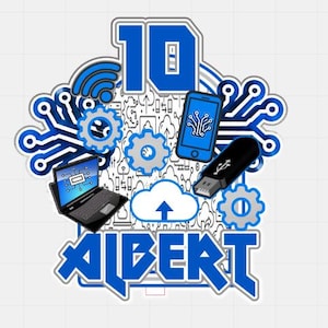 May include: A blue and white graphic with the number 10, the name "ALBERT", and tech-related icons like a laptop, phone, USB drive, and gears. The design has a circuit board theme, with a cloud and Wi-Fi symbol.