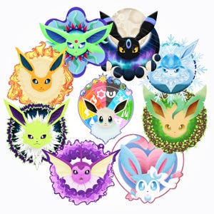 May include: A collection of nine colourful, stylised illustrations of various Eevee evolutions. Each character is depicted with unique features and surrounded by decorative elements, including flowers, leaves, and celestial bodies. The artwork features a vibrant colour palette.
