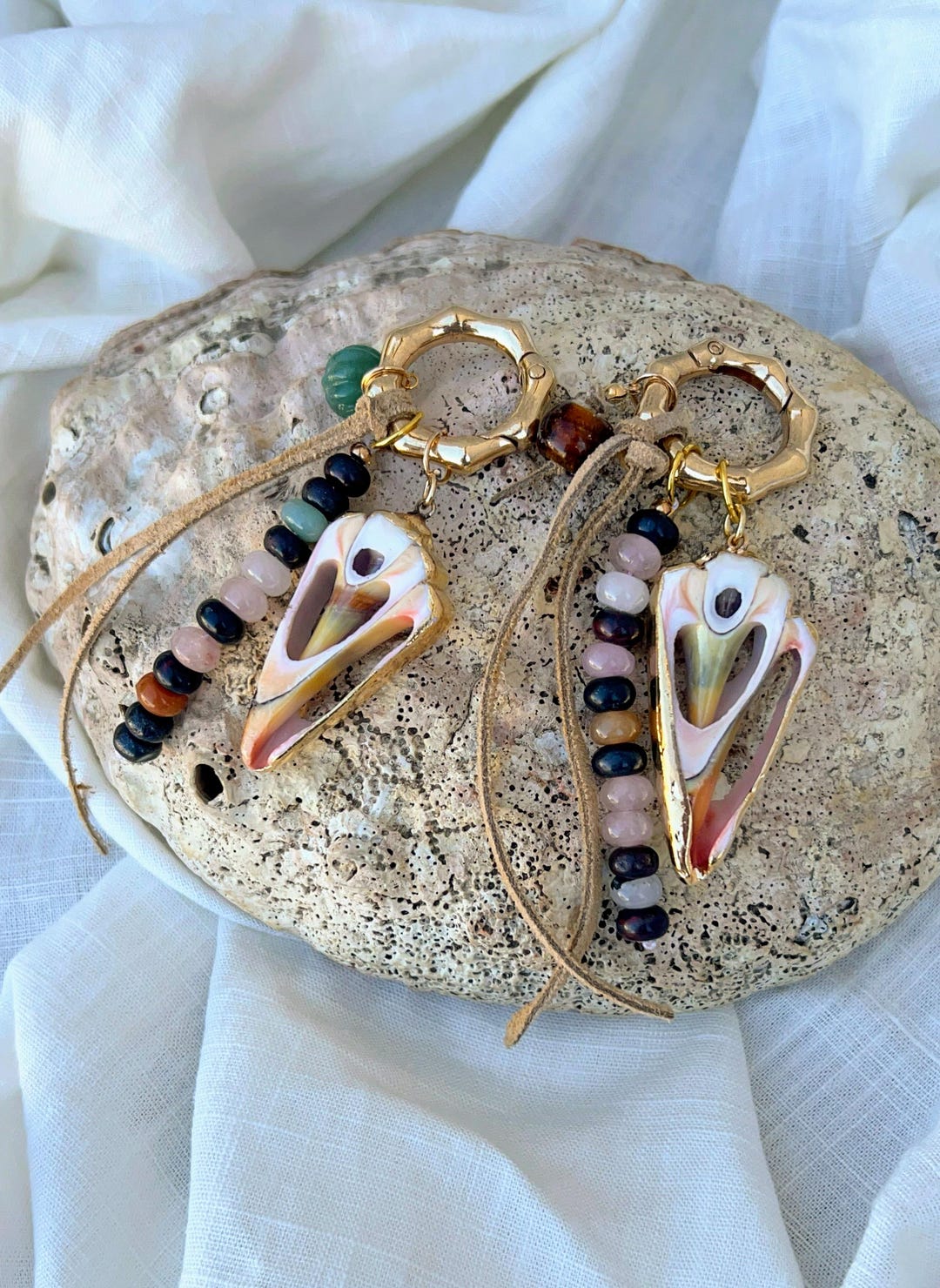 Conch Shell Leather Bag Charm | Leather Beaded Bag Charm | Gold ...