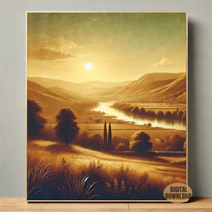 Vintage Countryside Landscape, Classic Oil Painting, Nostalgic Rolling Hills Print, Digital Download, Rustic Home Decor, Timeless Artwork