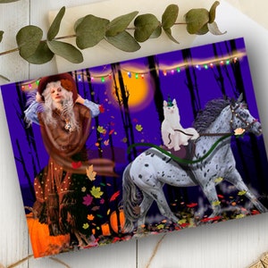 Tarjeta de felicitación con estilo boho chic, estilo vaquera gitana con una hermosa ilustración de poni