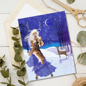 Carte pour lettres lunatique nymphe d'hiver et cerf sous le croissant de lune