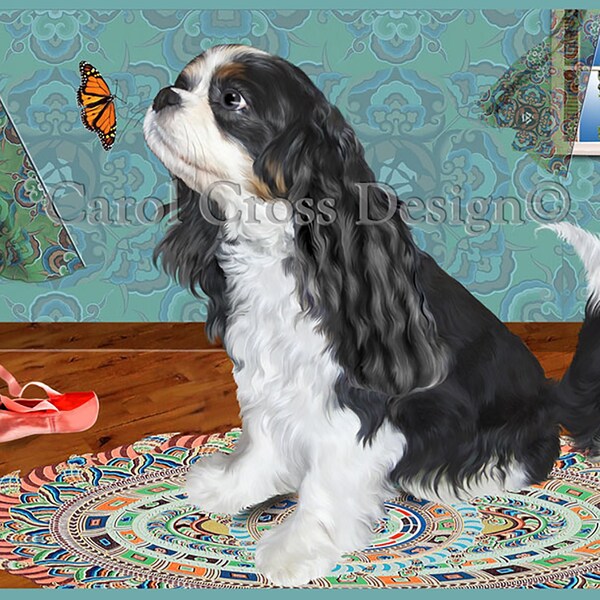 dog portrait digital | cavalier spaniel art print | dog chases butterfly | art by Carol Cross