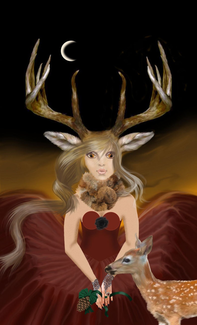 home decor Goddess art by artist Carol Cross Gothic Goddess with horns goddess print with Frame Mini Canvas Print Nocturnal 4 x 6
