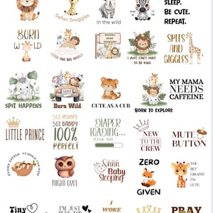 Puede incluir: Una colección de ilustraciones caprichosas con temática de bebés, con varios animales como leones, jirafas y cebras. Cada diseño incluye texto lúdico como "Born Wild", "Cute as a Cub" y "Hello Baby". La paleta de colores incluye pasteles suaves y tonos tierra.