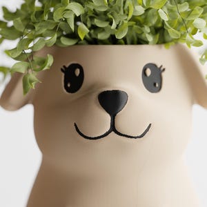 May include: A beige ceramic planter shaped like a dog's head with black eyes, nose, and mouth. The planter is filled with green leafy plants.