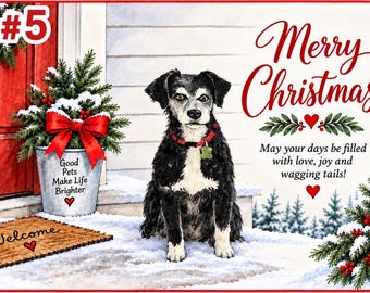 Tarjeta de Navidad personalizada con retrato de perro o gato pintado a mano.